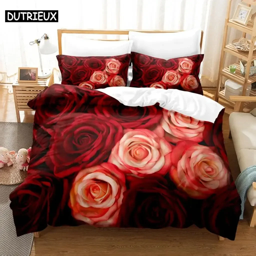 Red Flower Duvet Covers Set Full Size Rose Quilt Cover 200x230cm 210x210cm Bedding Sets 3pcs 2pcs King Queen Single Double Bed