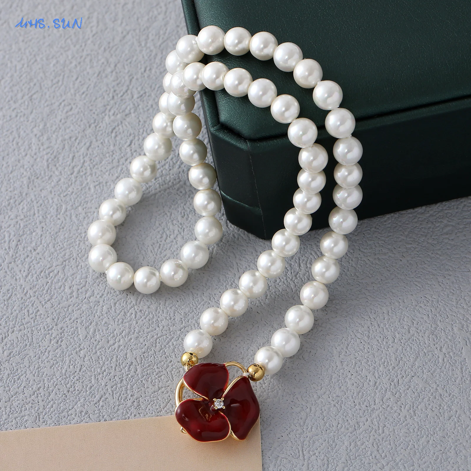 MHS.SUN Elegant Wine Red Flower Pearl Chain Necklace for Women Luxury Sweater Chain Trendy Jewelry Valentine's/Mother's Day Gift
