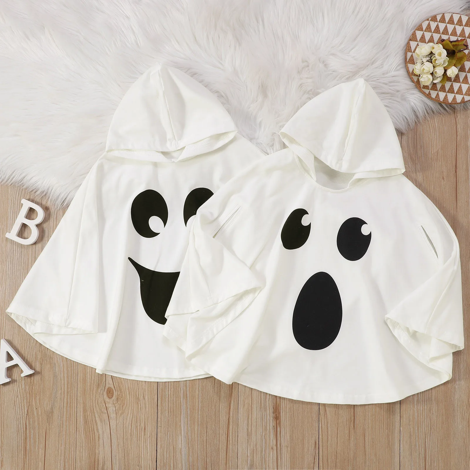 Halloween Child Boy Girl Cute White Ghost Print Demon Cape Cosplay Costume Kids Fancy Dress Performance Halloween Theme Party