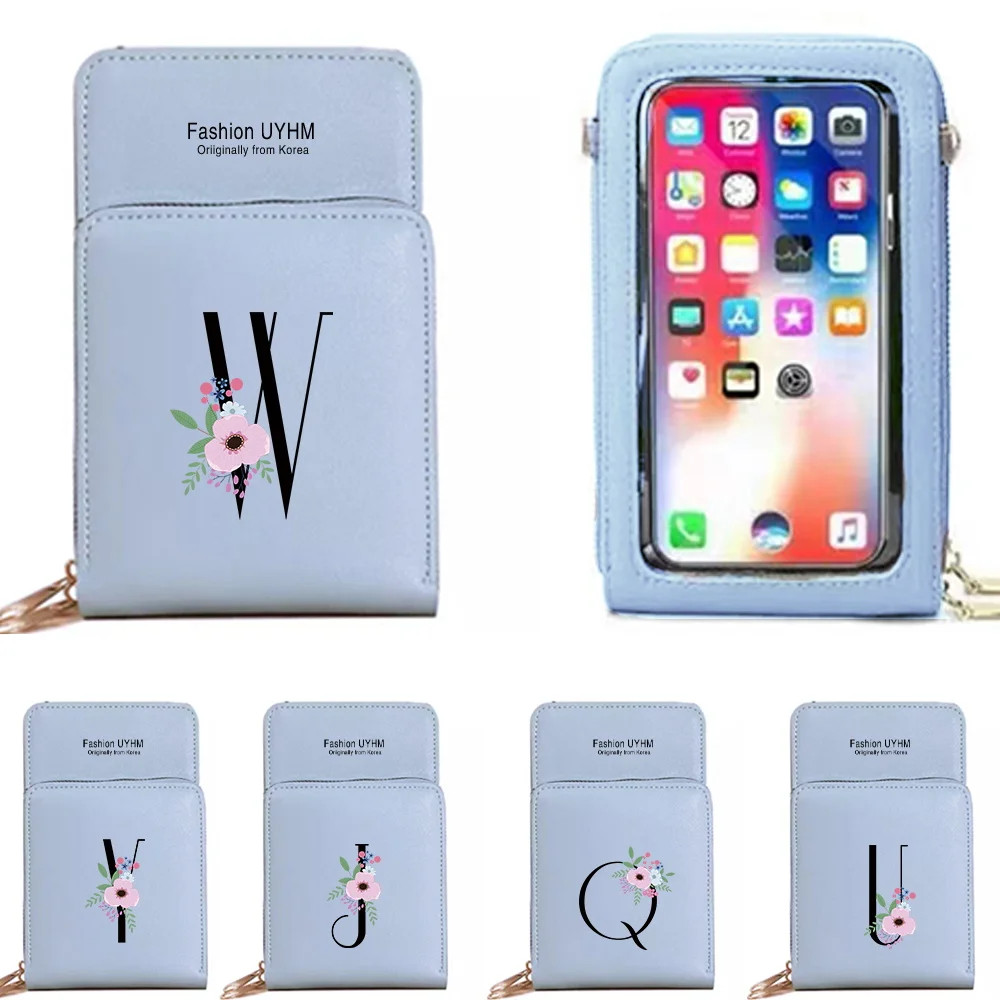Women Shoulder Bag Pu Leather Wallets Card Holder Touch Screen Mobile Phone Bags Storage Pack Flower Black Letter Print Purses