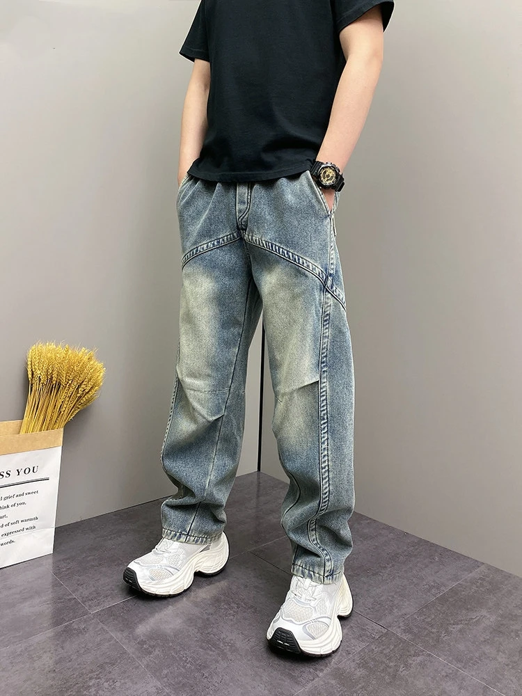 

Retro American Washed Splicing Knife Jeans Men Spring Autumn New Style Cool Straight Casual Long Trousers Men
