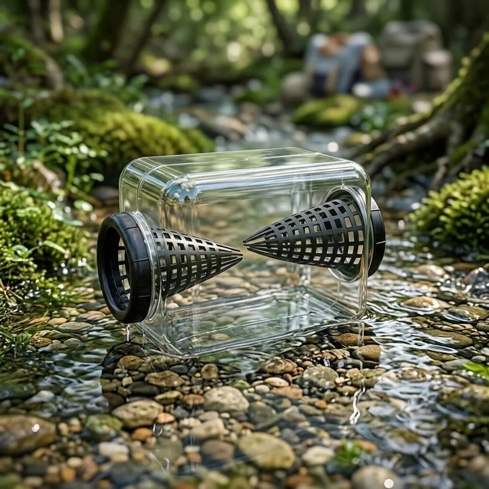 Fishing Trap Bottle for Freshwater Environments with Clear Body Dual Funnel and Barbed Reverse Hook Configuration