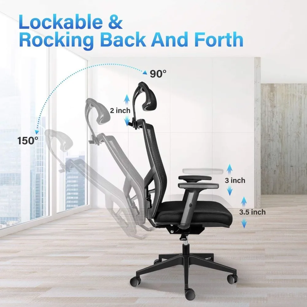 Office Chair with Solid Back and Armrest, Comfortable Headrest, Lumbar Support, High-Back Mesh Swivel Chairs with Wheels