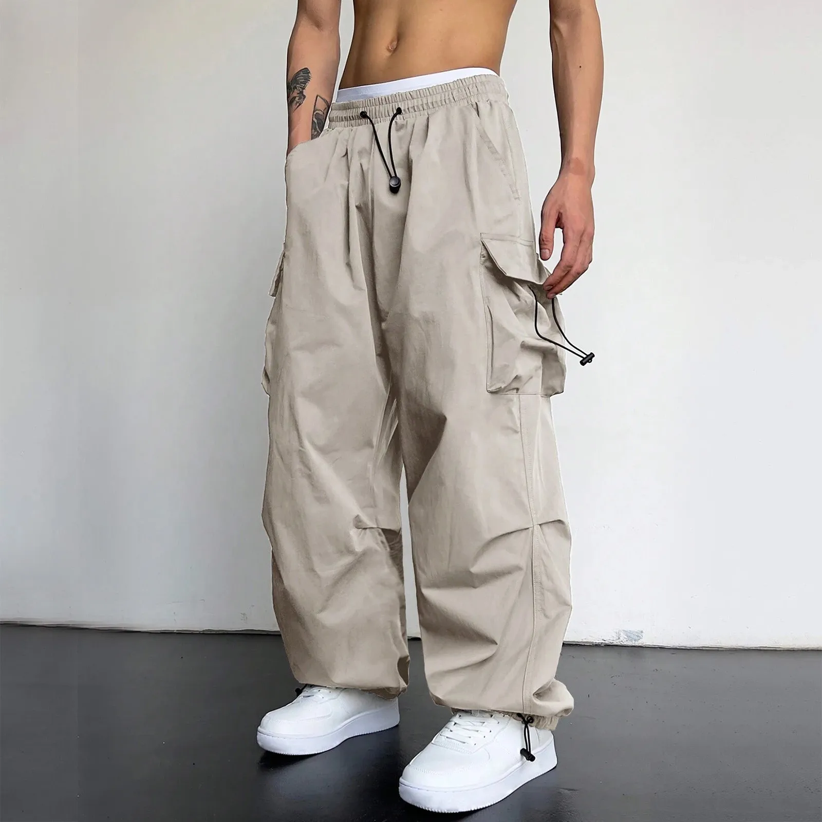 Mens Cargo Pants Multi Woven Pocket Foot Rope Solid Pants Tie Sports Trousers Thin Streetwear Male Casual Pants  Ropa Hombre