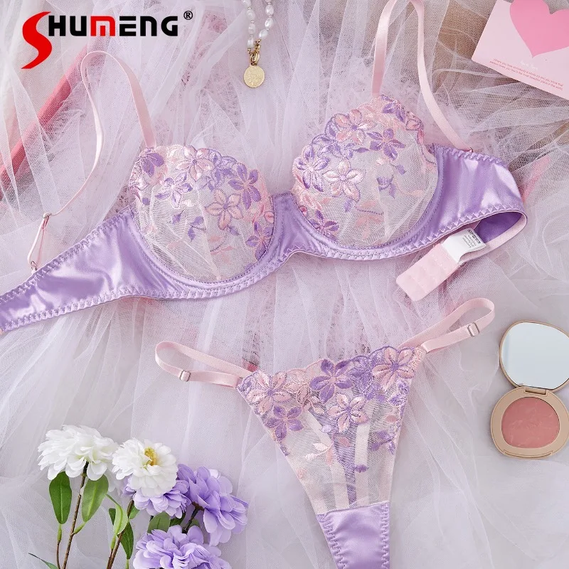 

French Style Purple Women's Bra Sets Embroidered Lace Romantic Sexy Lingerie Suit Female Underwire Pure See Through Underwear