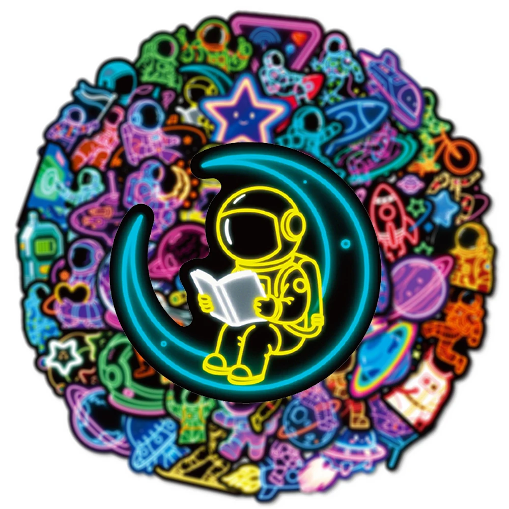 

10/30/56pcs Cool Cartoon Neon Light Astronaut Stickers Spaceship Planet Decals Stationery Laptop Bike Aesthetic Graffiti Sticker