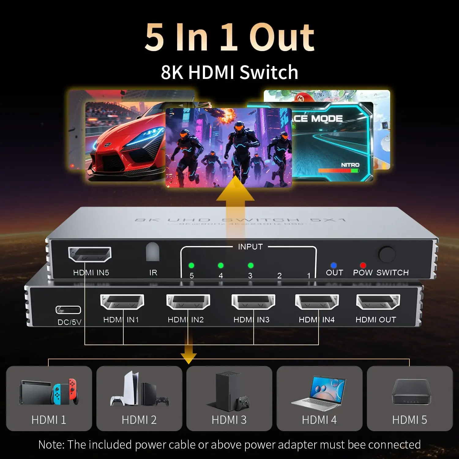 ترقية جديدة 8K @ 60 هرتز 4K @ 240 هرتز HDMI Switch 5 في 1 خارج الألومنيوم HDMI 2.1 محول محدد مع HDR10 + HDCP2.3 لتلفزيون PS5/4 Xbox PC #2