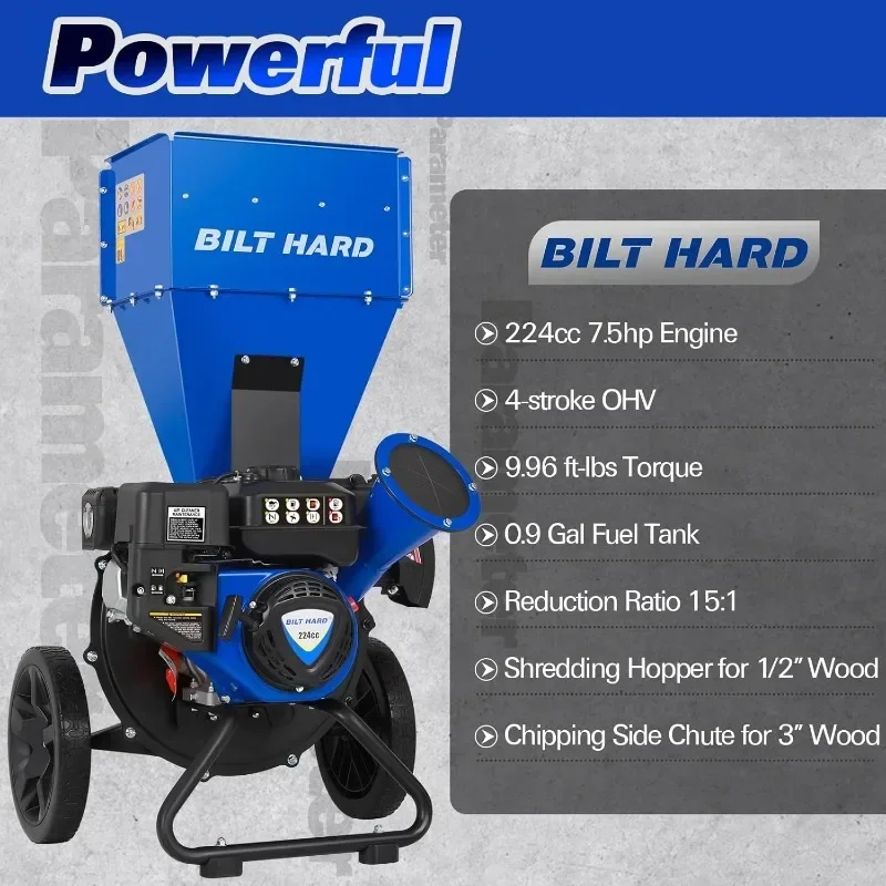 BILT HARD Wood Chipper - 7.5 HP 224cc Gas Powered Shredder Mulcher, 3