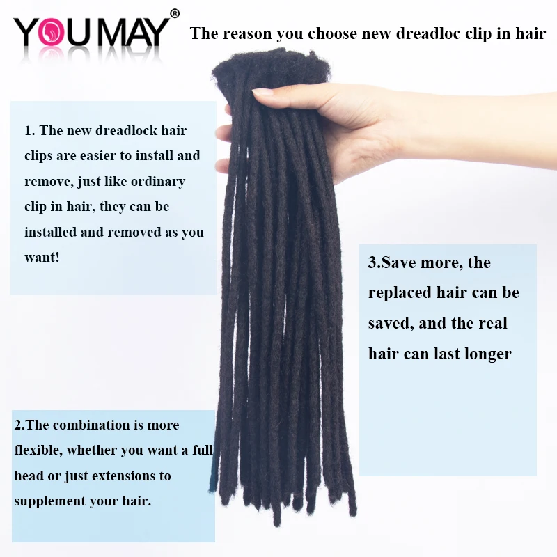 Dreadloc-extensiones de cabello humano Afro, Clip trenzado de 40 piezas, extensión de cabello con trenzas de ganchillo, Youmay