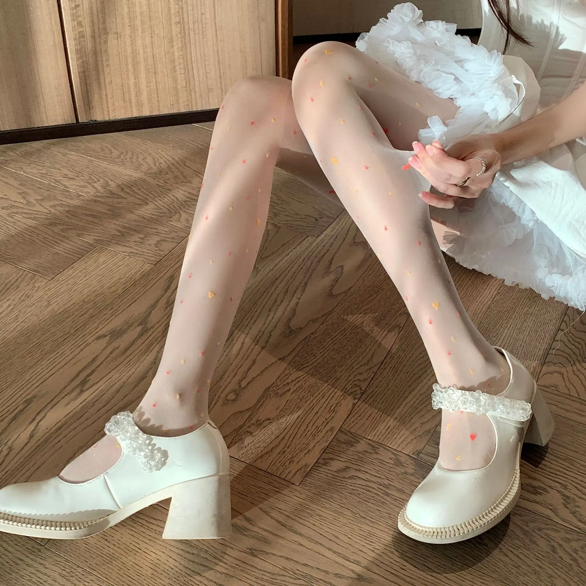 Frauen Ultra Dünne Strumpfhosen Sexy Strumpfhosen JK Strümpfe Bunte Süße Liebe Herz Polka Dots Drucken Transparent Beige Schwarz Leggings – Detail 6