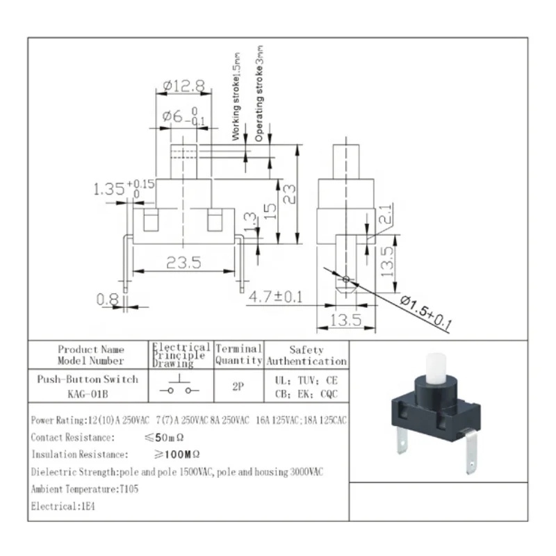 KAG-01B on off  electric push button flashlight switches Manual reset Self-locking