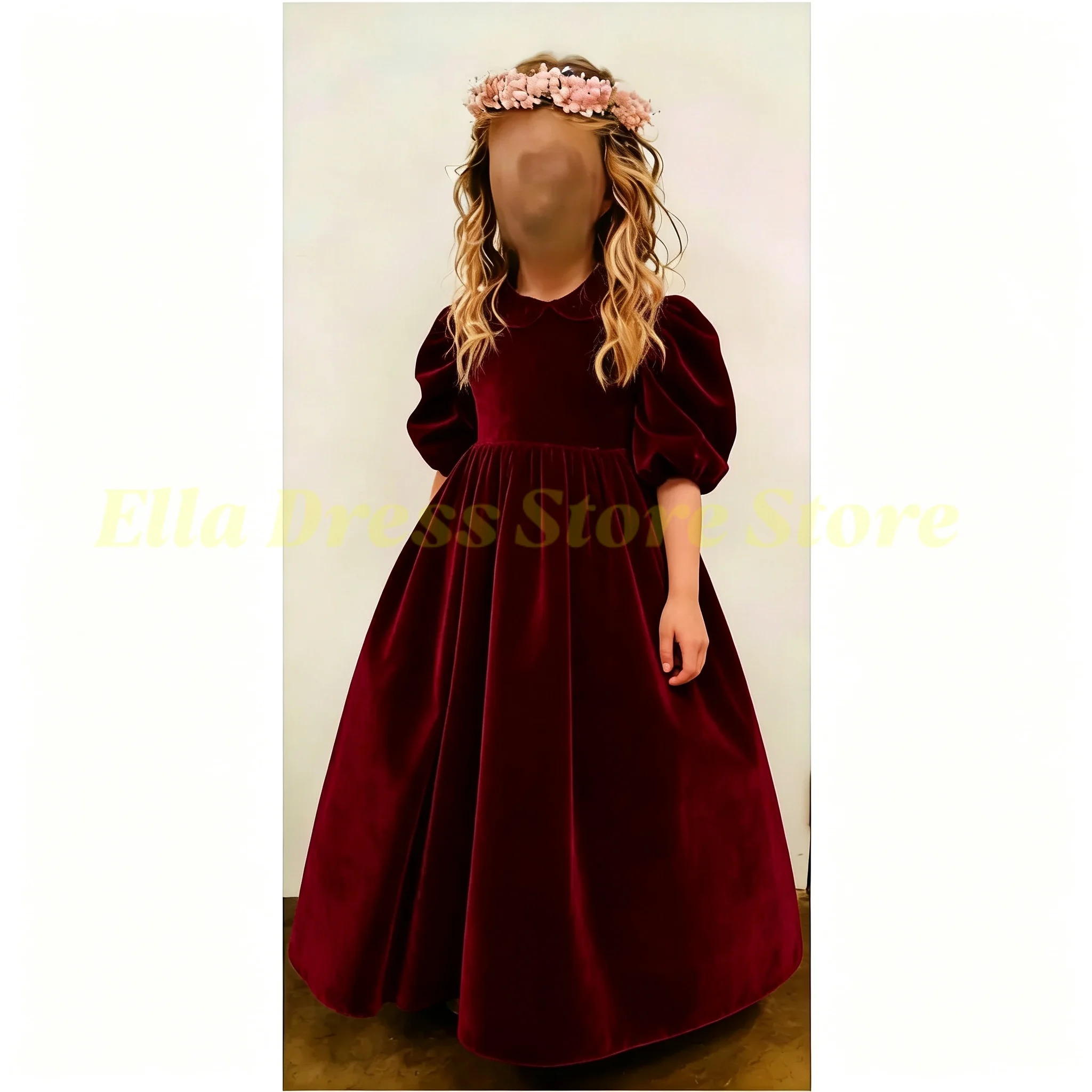 Großhandel Maßgeschneidertes Samt-Partykleid mit Stehkragen und Puffärmeln, Blumenmädchenkleid mit Schleife, Maßgefertigtes Kinder-Festkleid für die Kommunion – Detail 1