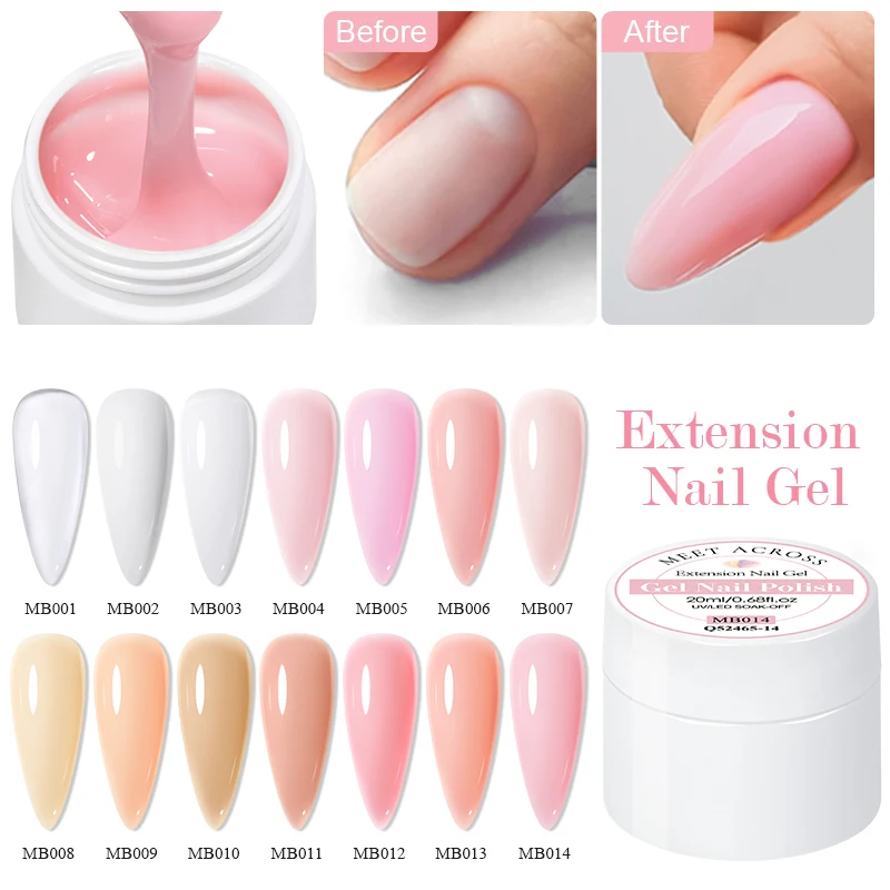 MEET ACROSS 20ml Nude Pink Extension Nail Gel 2 IN 1 Clear White Construction Gel Nail Polish Self Leveling Bulider Gel Nail Art