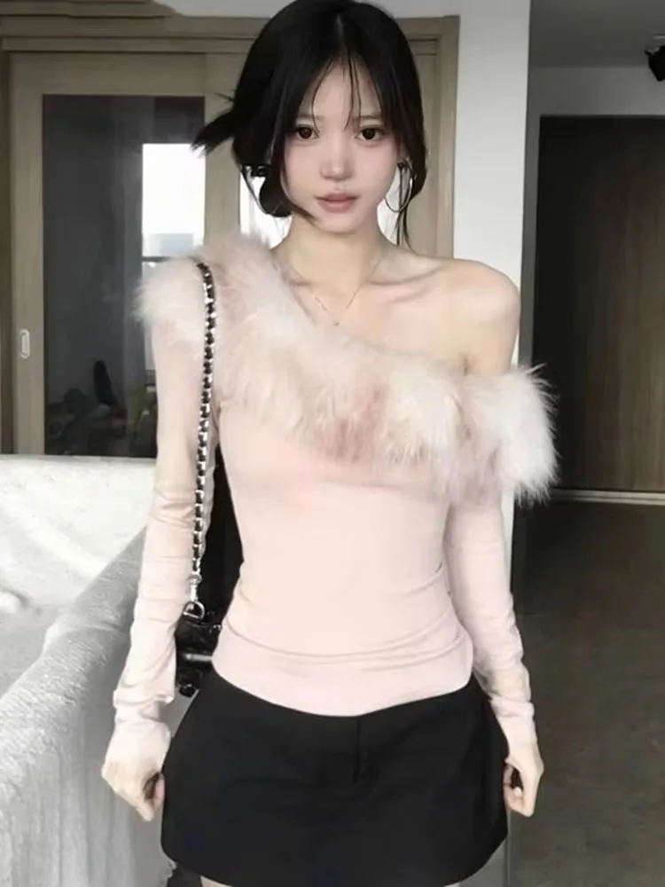 Women T Shirts Furry Patchwork Diagonal Collar Off Shoulder Slim Long Sleeve Crop Tops Sexy Vintage Female Casual