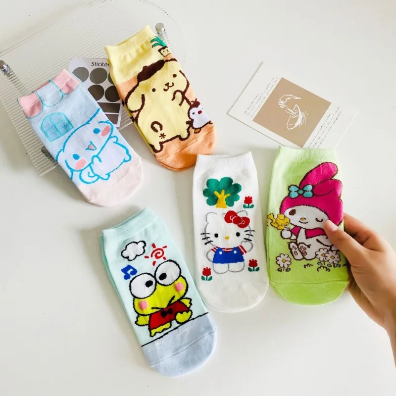 New cuteKawaii Sanrio Hello Kitty My Melody Cinnamoroll Cartoon Boat Socks Ventilate Short Socks Thin Cotton Christmas Girl Gift