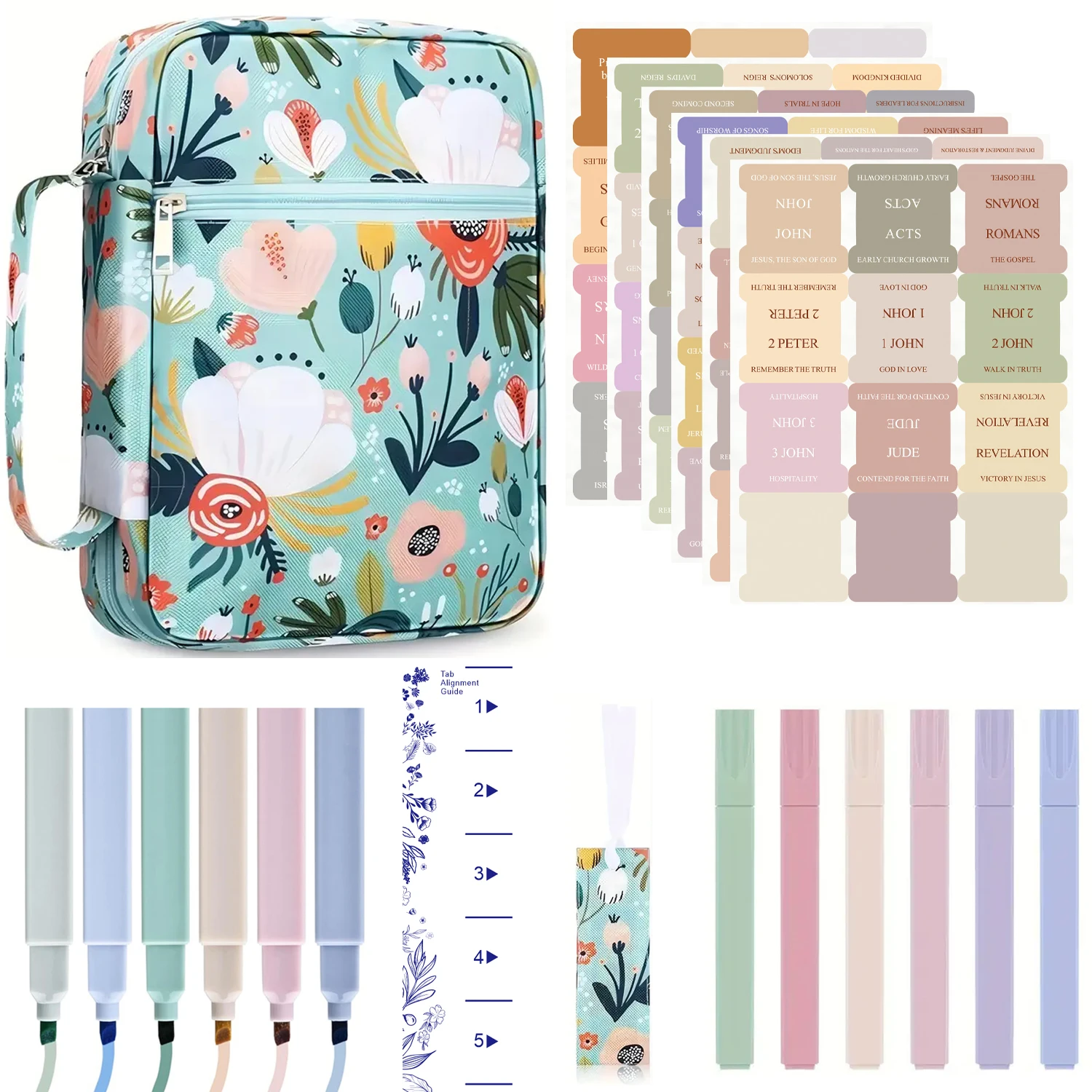 Bible Cover Case for Women 10'' Floral Carrying Book Case, 6 Pens, 72 Bible Tabs Bible Cover Bag Portable Book Cover
