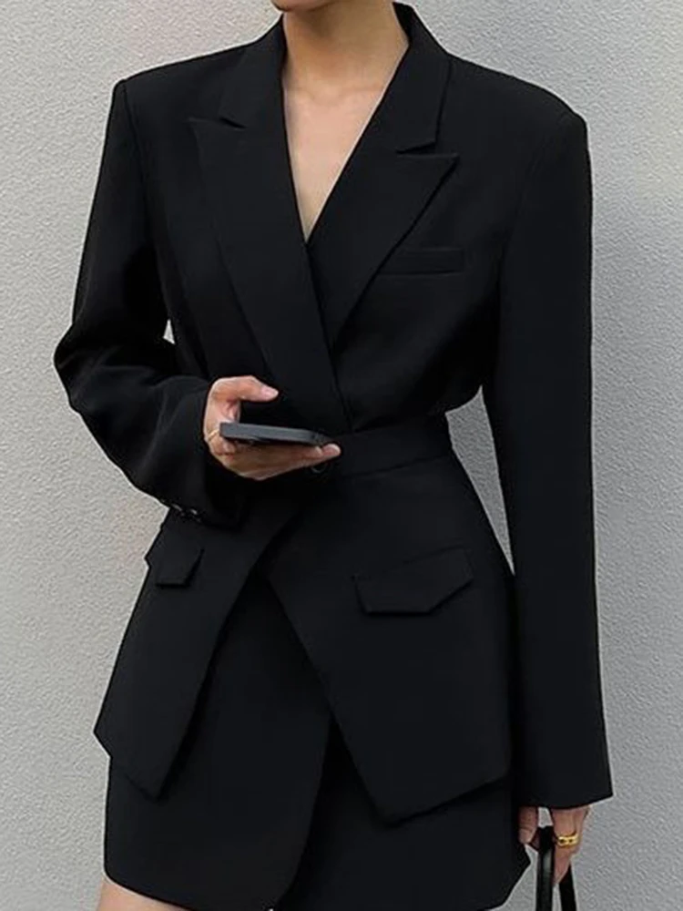 [oein]  Black Padded Shoulder Suit Jacket, Women\'s  Cinched Temperament, Two Suits with Waist Seal