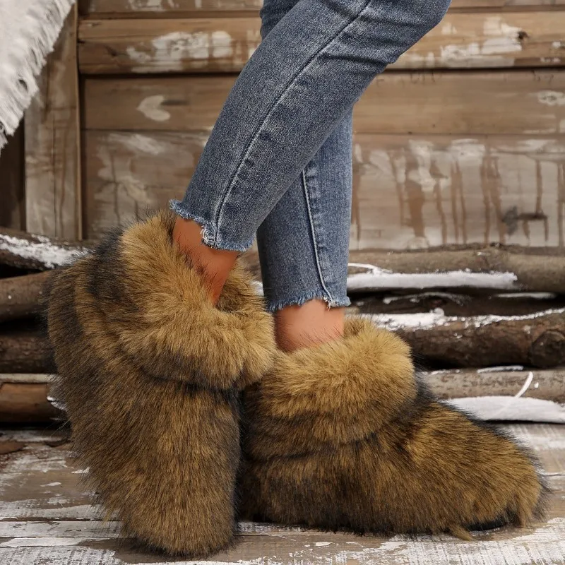 Inverno donna Fluffy Faux Fox Fur Boots donna peluche stivali da neve caldi calzature di lusso ragazze Furry Fur Bottes Fashion Winter Shoe