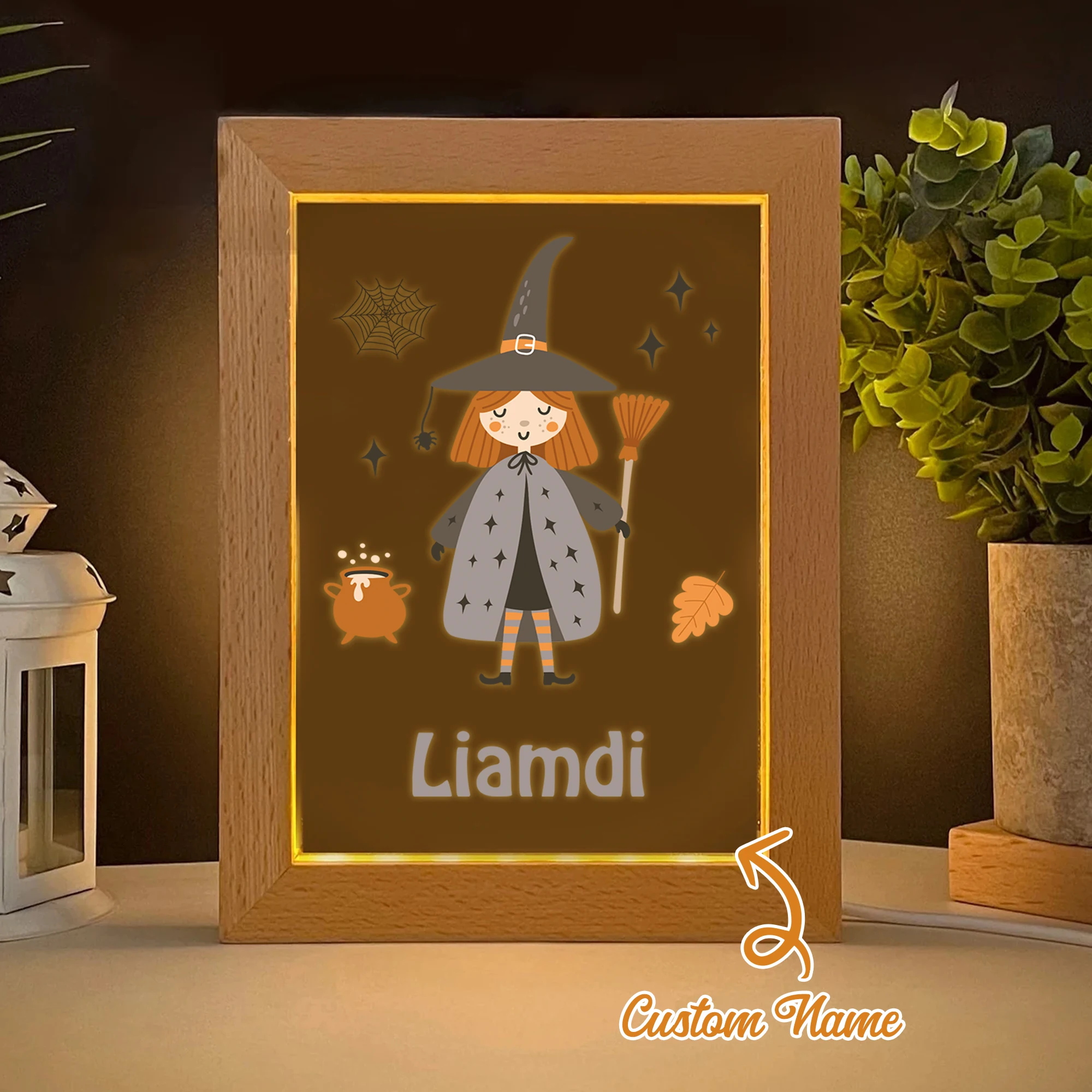 

2D Flat Custom Name Cartoon Witch LED Acrylic Night Light Wood Photo Frame 21x17cm Halloween Bedroom Gifts Home Decoration