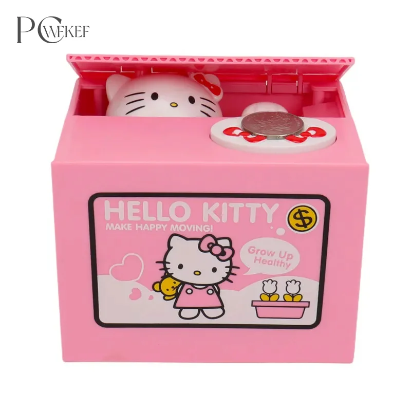 

Hello Kitty Piggy Bank Sanrio Action Figure Anime Cartoon KT Cat Stealing Coins Piggy Bank Money Safe Birthday Children's Gifts