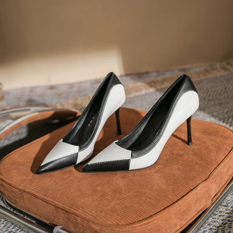 

Весенне-осенние новые модные и универсальные туфли на тонком каблуке с острыми цветными блоками во французском стиле на мелком каблуке