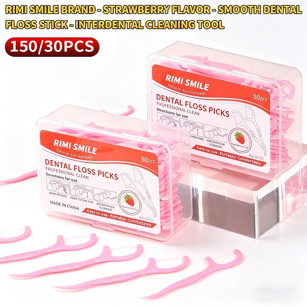 

RIMI SMILE Strawberry Dental Floss Picks 30/150PCS, High Tensile Ultra-Smooth Floss Sticks, Daily After Meal Interdental Oral Cl