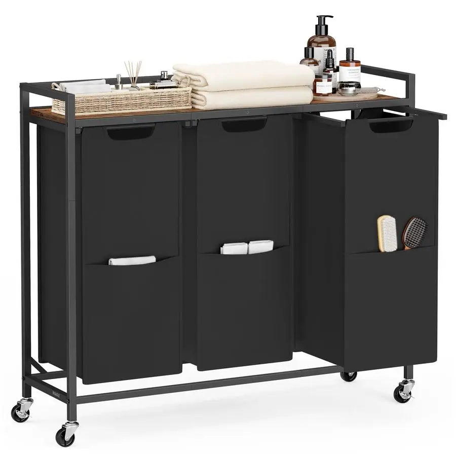 

Laundry Sorter, 43.5 Gal. 165 L Laundry Hamper Basket with 3 Compartments, Rolling Cart with Wheels, Shelf, Removable Bags, Pock