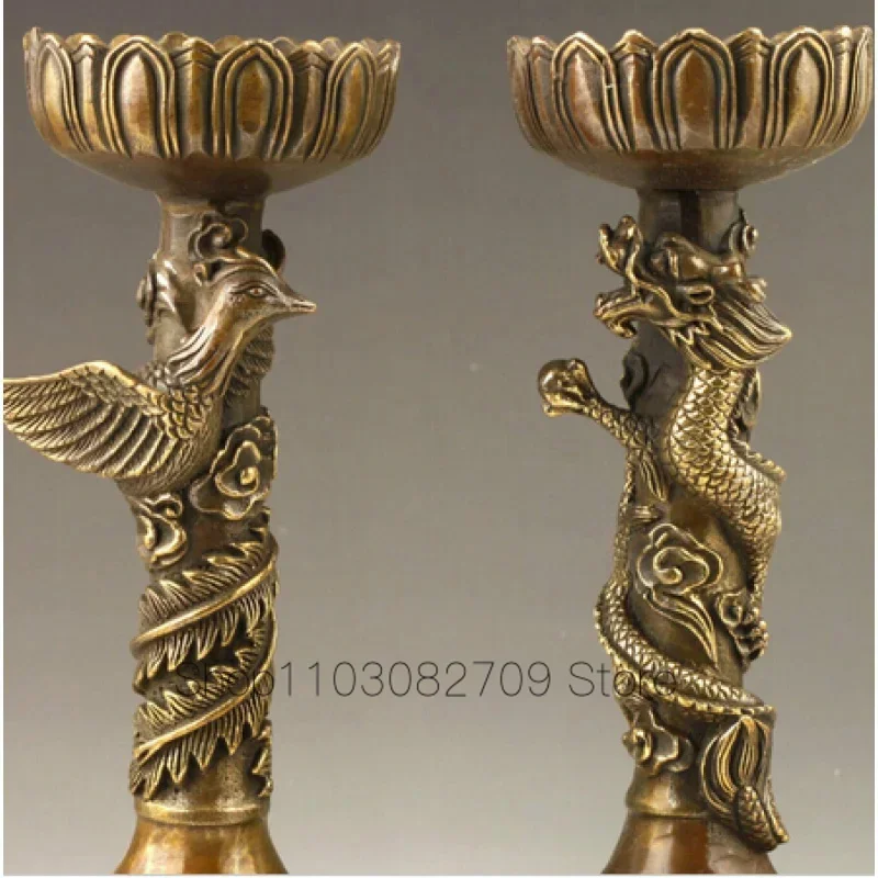 SUIRONG---407   Chinese Handmade Fine Dragon And Phoenix Bronze Candlestick Pair Statue Statue