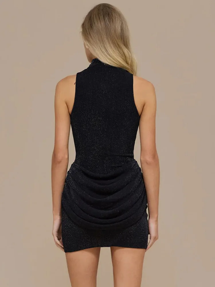 XIAOTANG Glitter Ruches Sexy Mini Tank Jurk Vrouwen Elegante Sparkle Off-shoulder Mouwloze Skinny Club Party Jurken Vrouwelijke