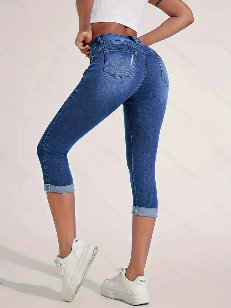 

Women's Jeans Plus-size tight capri pants High Waisted Rolled Hem Double Button Fly Trendy Casual Summer Essential