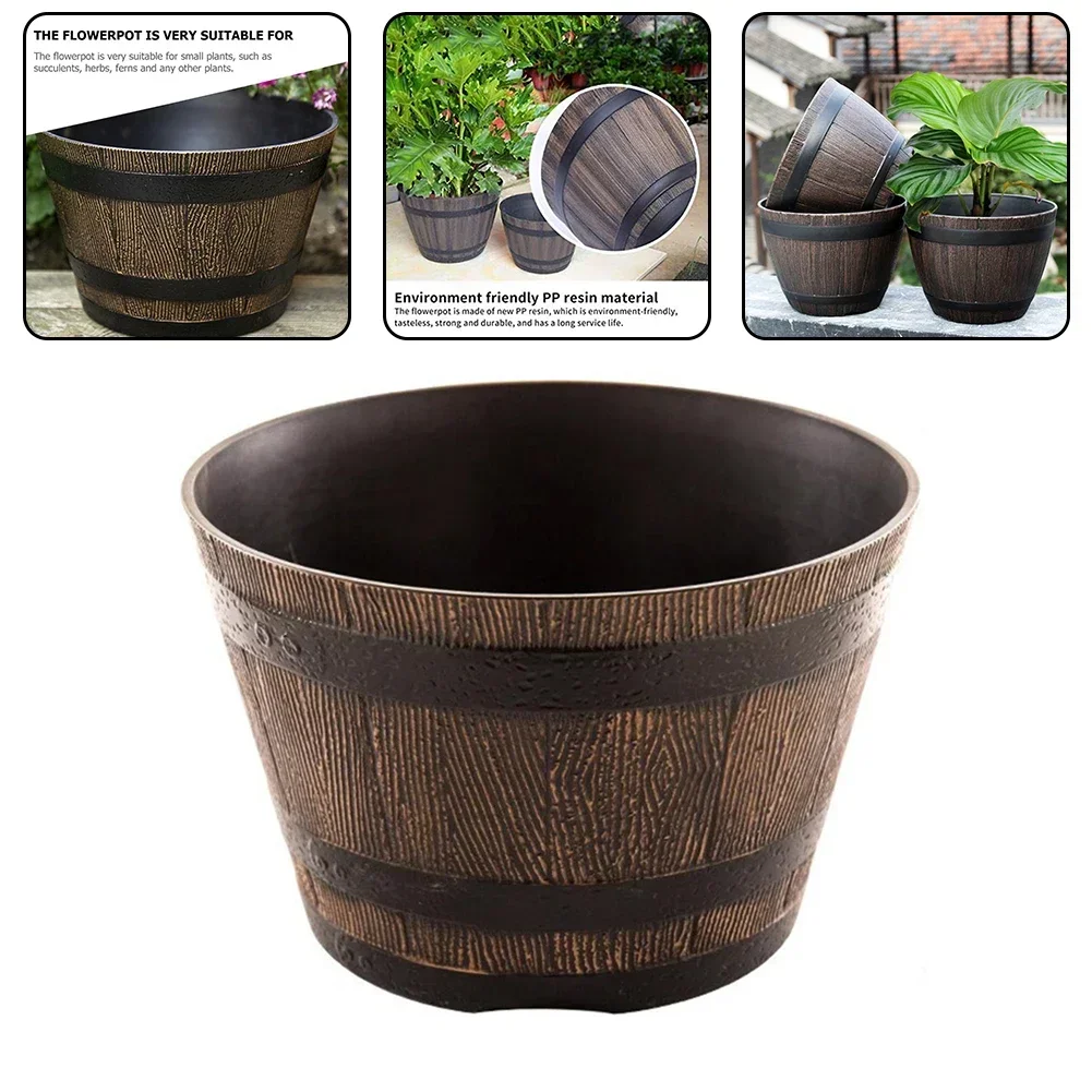 

Charming Garden Whiskey Bucket Style Flowerpot Sturdy Resin Design Enhances Any Space with Beautiful Plant Displays