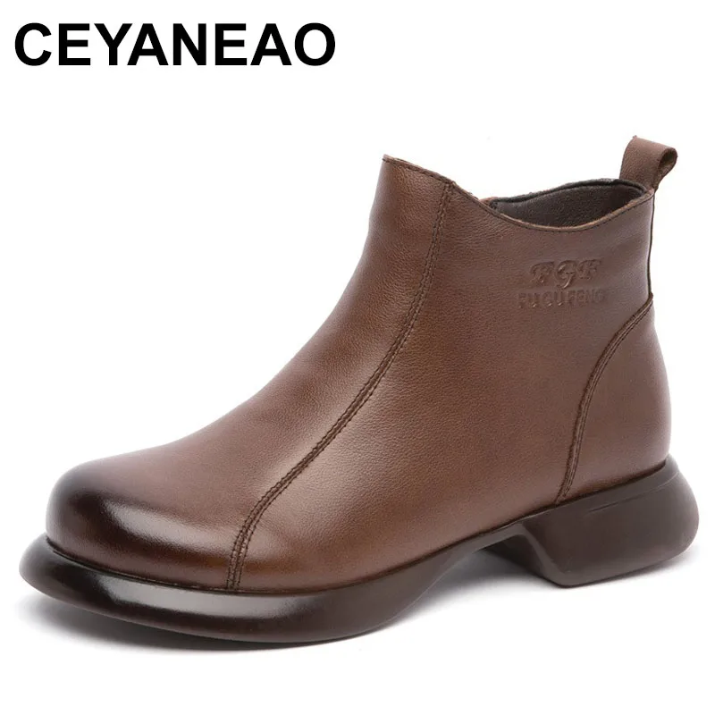 البريطانية الرجعية جلد طبيعي أحذية الشتاء أحذية منخفضة الكعب النساء الأحذية الجانب سستة عادية أنيقة حذاء الثلج عالي الرقبة دافئ #1