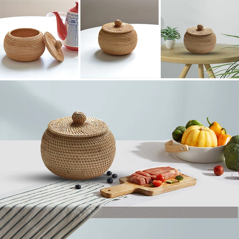 Natural Rattan Round Box With Lid Hand-Woven Wicker Tray Desktop Decoration Storage Box Picnic Food Bread Fruit Basket