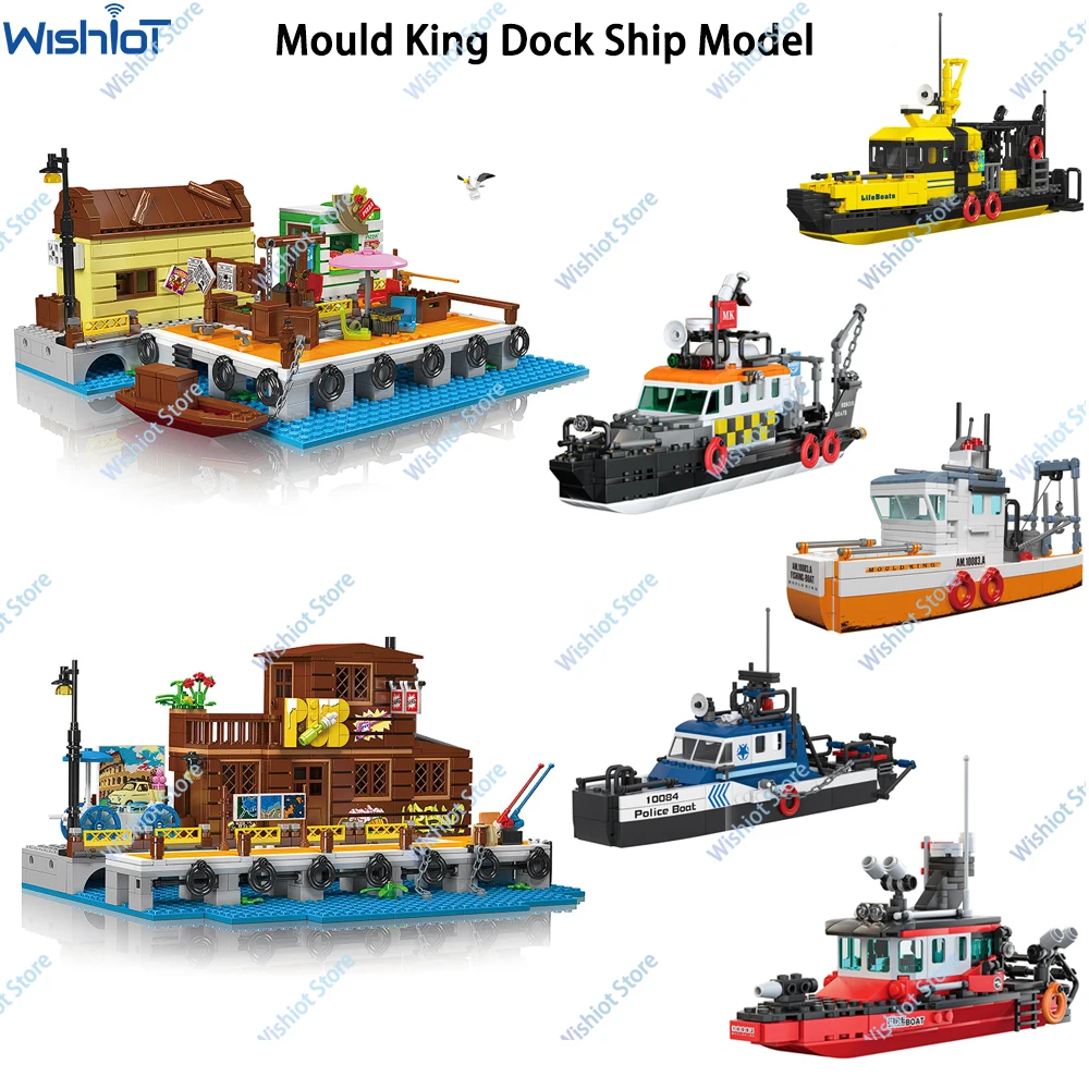 

Mould King City Fishing Toy Set Creative Street View Building Blocks Dock Ship Model Lifeboat Multi-function Sea Exploration Toy