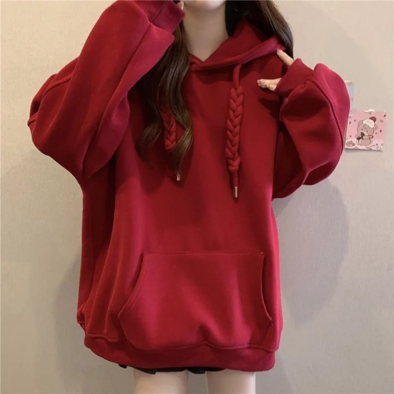 QWEEK Korean Style Hooded Sweatshirts Christmas Red Women\'s Hoodie Oversize Long Sleeve Pullovers Autumn Winter Warm Fashion New