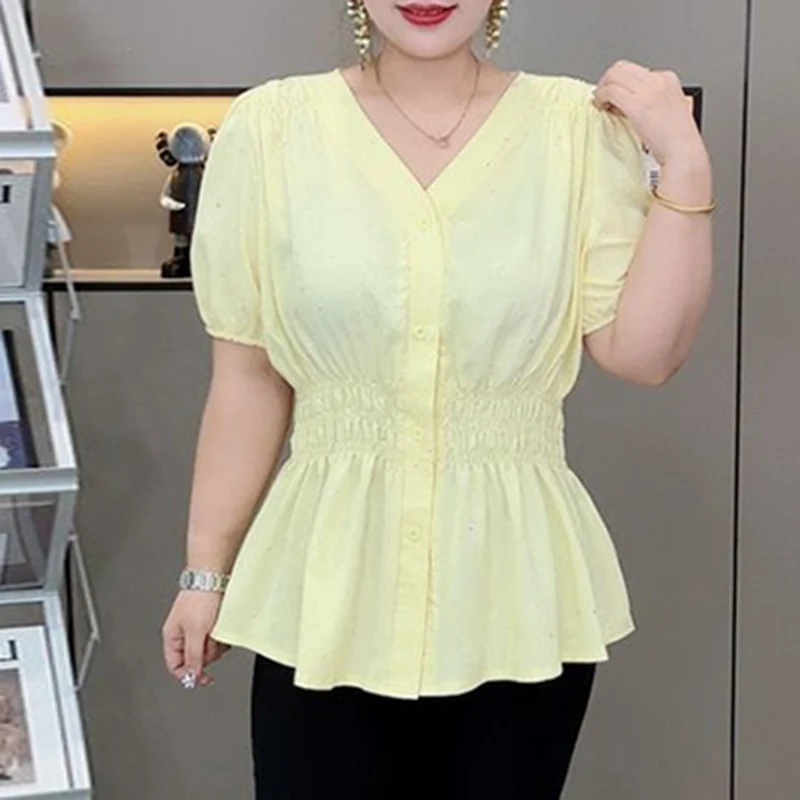 200 Pounds Plus Size Elastic Waist Summer Shirt And Blouse Short Sleeve Solid Top Women's New In Clothes Simple V-neck French
