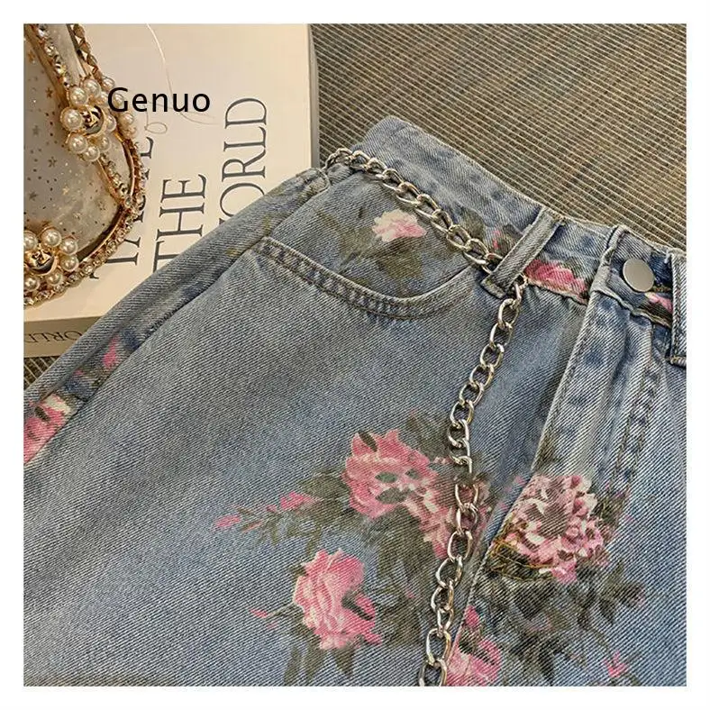 Streetwear Vintage Flowers Print Long Denim Skirts Summer 2022 High Waist Slim Sexy Open Split Straight Skirt Jeans Saias Female