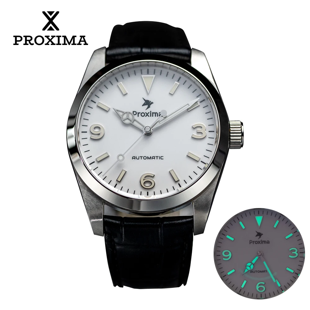 Proxima PX1690-369 37mm Simple Men Watches SW200 Movement Automatic Mechanical Leather Bracelet 20 Bar Waterproof Luminous