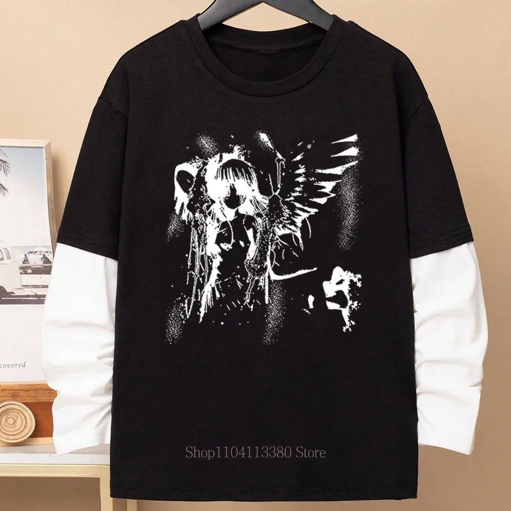Damen Gothic Y2K Grafik-Print Fake-Two-Layer Langarm-T-Shirts – Modische Retro Casual Loose High Street Fake-Two-Layer Langarm-Tees – Detail 7