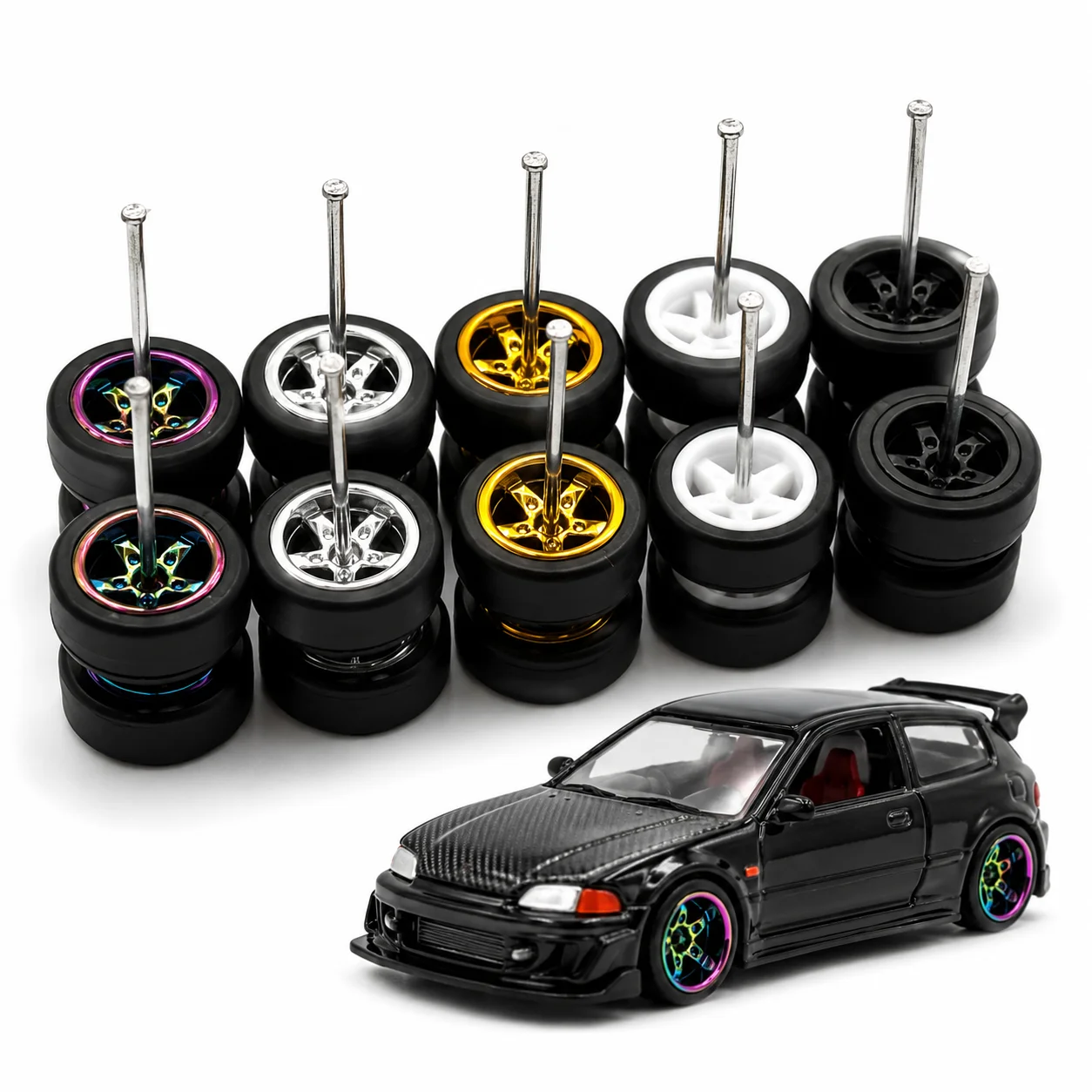 X-Scale 1/64 Modellauto-Gummireifen-Set 9,6mm mit Metallachsen und Kunststofffelgen, Spielzeugauto DIY Ersatzteile