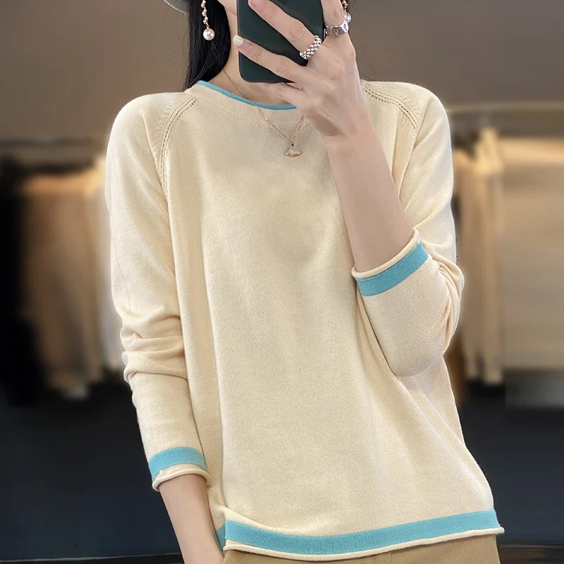 100% Cotton Knitwear Women\'s Round Neck Sweater Spring And Summer New Loose Color Matching Cotton And Linen Bottoming Shirt