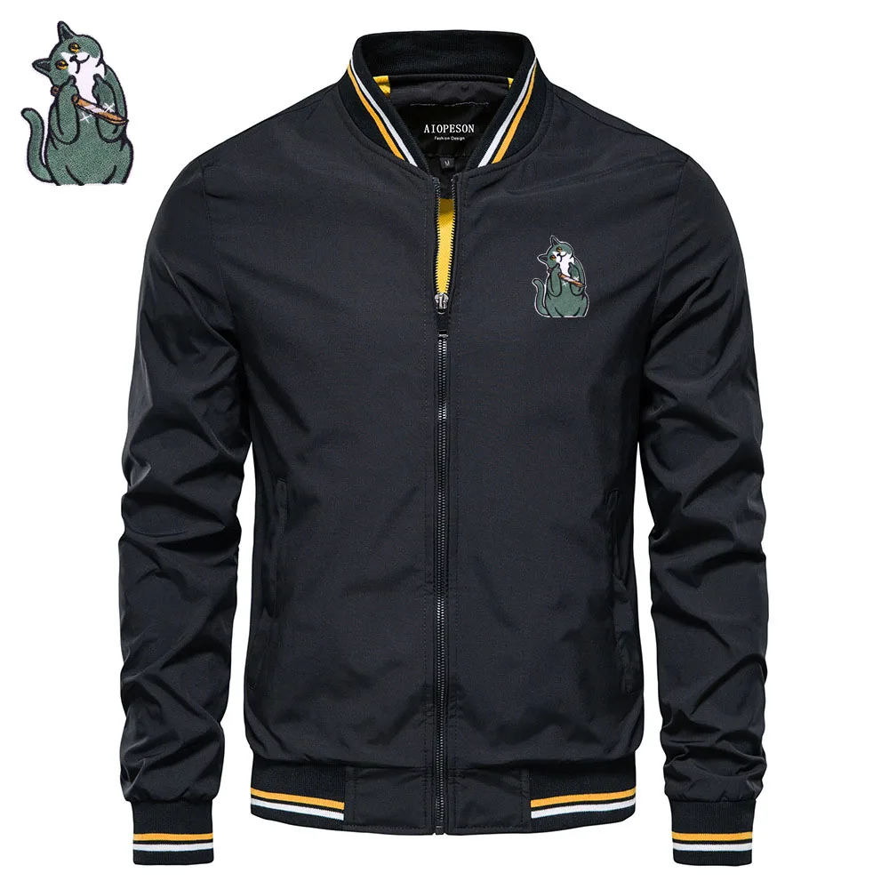 Autumn jacket mens Cat embroidery hip hop men's jacket  Outdoor sports Hatless high-end custom men's zipper jacket top