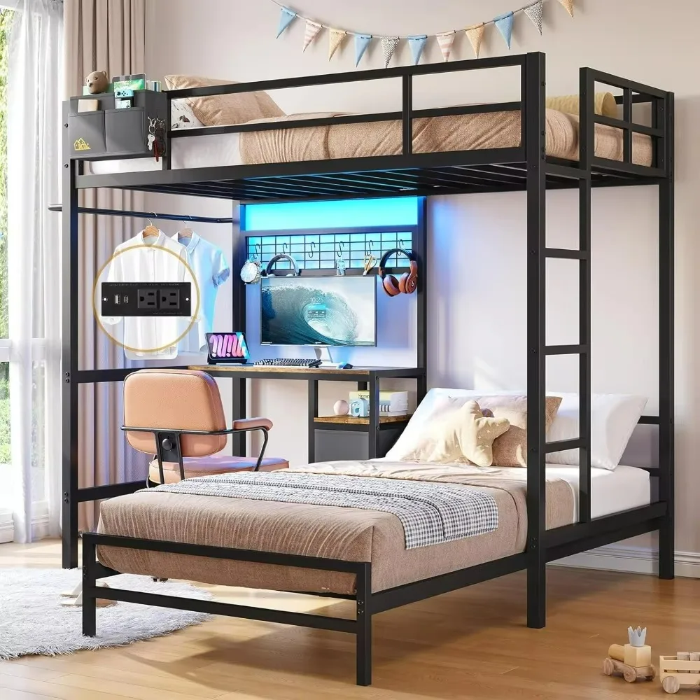 Bunk Bed Twin Over Twin W Desk, Led Lights & Storage Shelves and Drawers, Safety Guardrail and Ladder, L-Shaped Children Bed