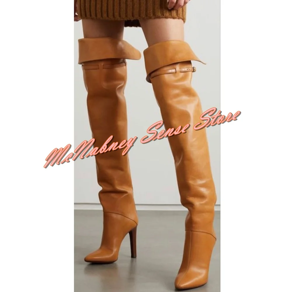 Brown Leather Thigh High Boots Pointed Toe Solid Chunky High Heels Back Zipper Straps Women Boots Sexy Winter New Party Shoes