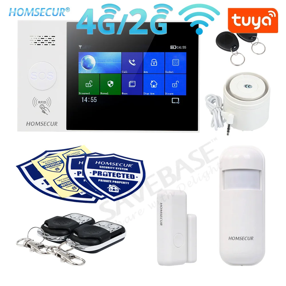 HOMSECUR WIFI Tuya APP 433MHz 4G 2G GSM Smart Home Security RFID SMS Autodial Alarm Burglar Intruder Door Window PIR Detector
