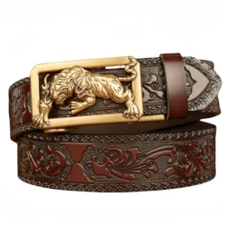 New Men Genuine Leather Belt Luxury Gold Tiger Metal Automatic Buckle Cowhide Belts for Men Jeans Waistband Male Strap