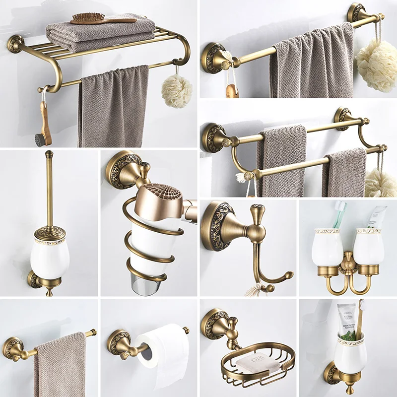 Antique Brass Bathroom Accessories Hardware Set Towel Bar Rail Rack Toilet Paper Holder Toilet Brush Shower Soap Dish Holder