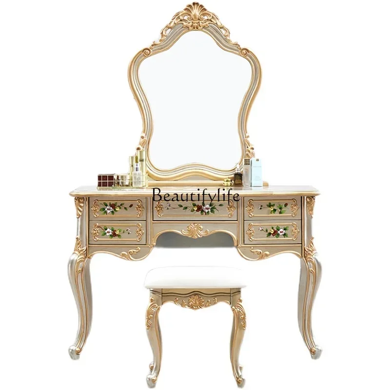 LJY*All Solid Wood Multifunctional Dresser Desk Gold Powder Silver Pink Retro Painted Style