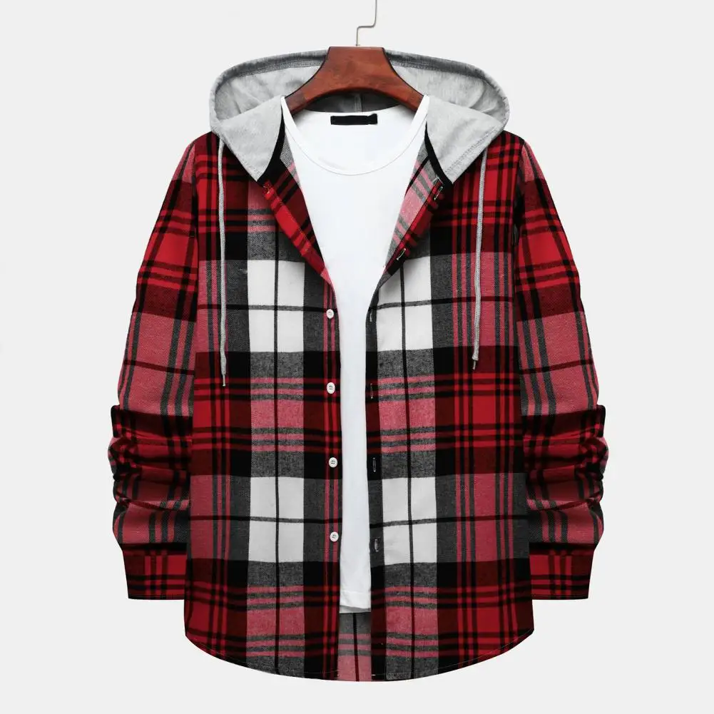 Men Spring Autumn Shirt Drawstring Plaid Print Hooded Oversized Men Shirt Keep Warm Single-breasted Buttons Men Shirt Streetwear