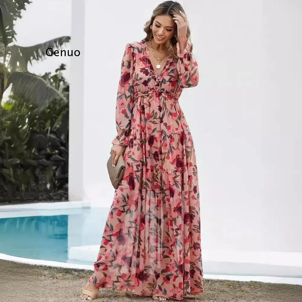 2025 ربيع الموضة الجديدة للسيدات زهرة مطبوعة نمط أنيق مساء فستان طويل المرأة فستان بأكمام طويلة